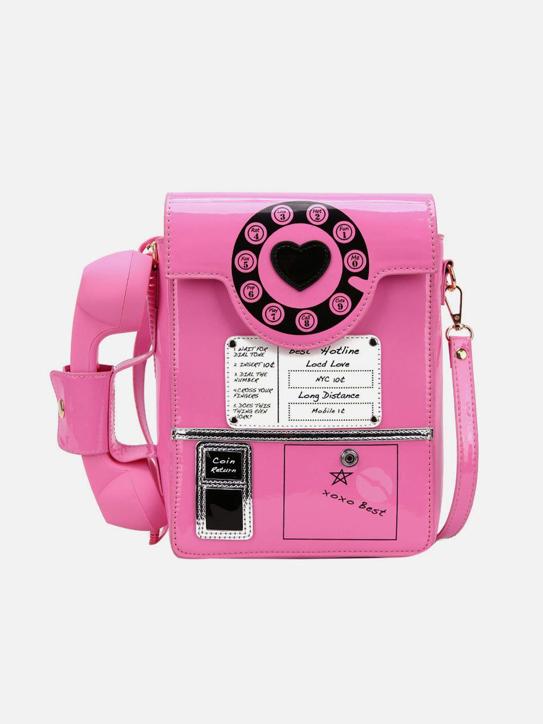 Front view of a pink phone booth bag by TALISHKO, featuring fun retro-inspired details.