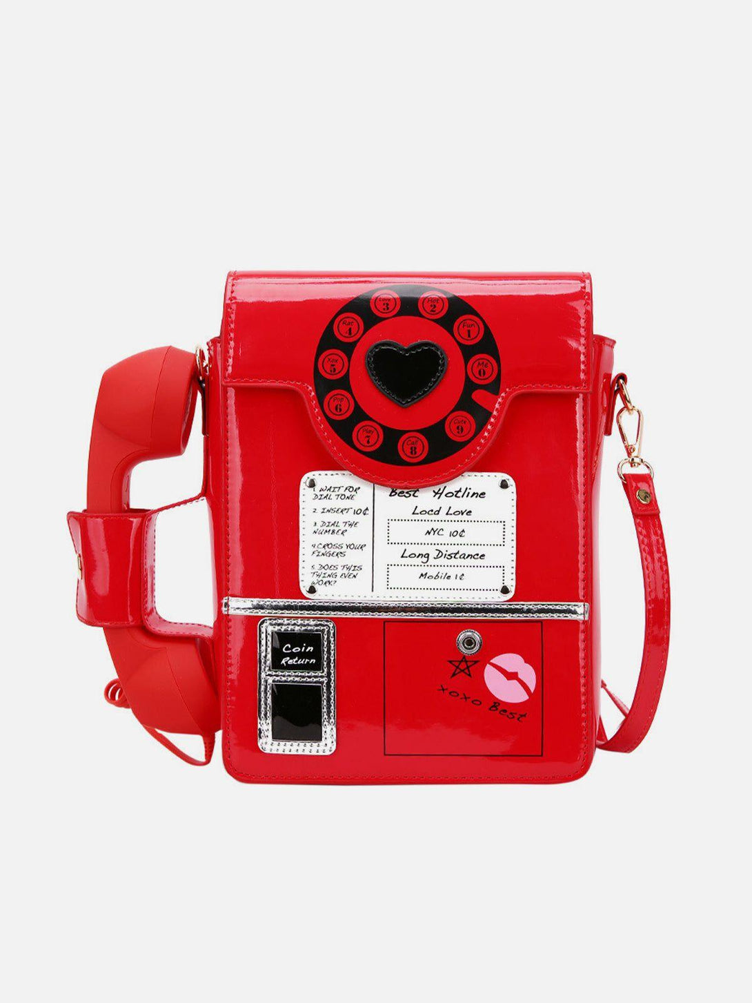 Front view of a red phone booth bag by TALISHKO, featuring quirky retro-inspired details.