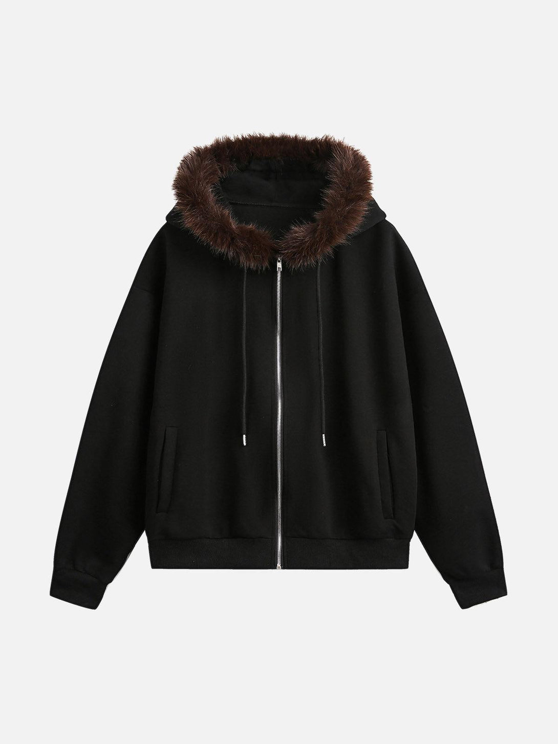 Front view of a black cardigan with a plush fur collar by TALISHKO, perfect for urban chic.