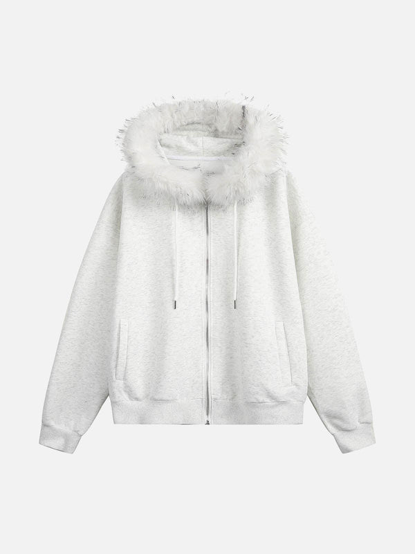 Front view of a white cardigan with a plush fur collar by TALISHKO, ideal for urban style.