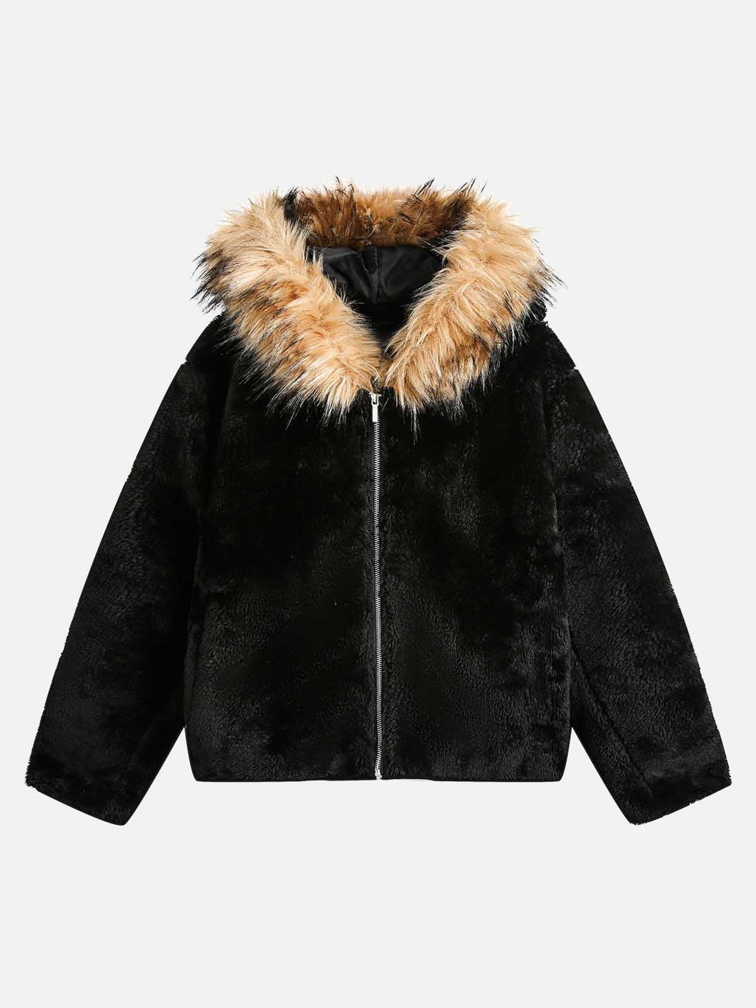 Front view of TALISHKO's black sherpa jacket featuring a plush faux fur hood, perfect for urban style.