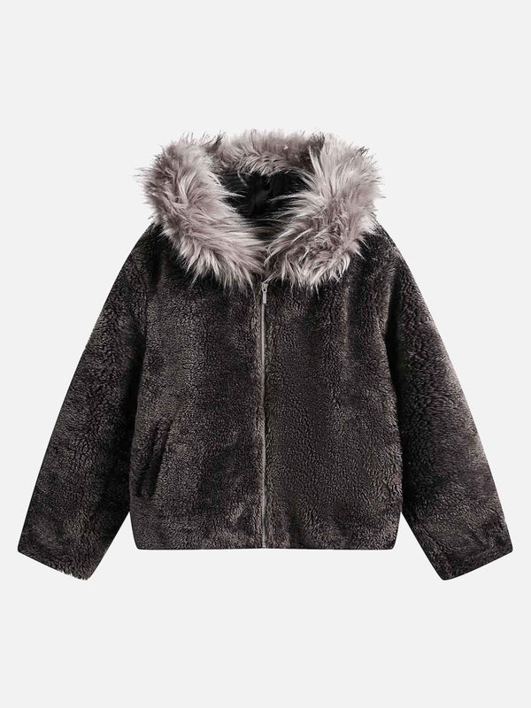 Cozy coffee sherpa jacket with faux fur hood by TALISHKO, perfect for urban style.