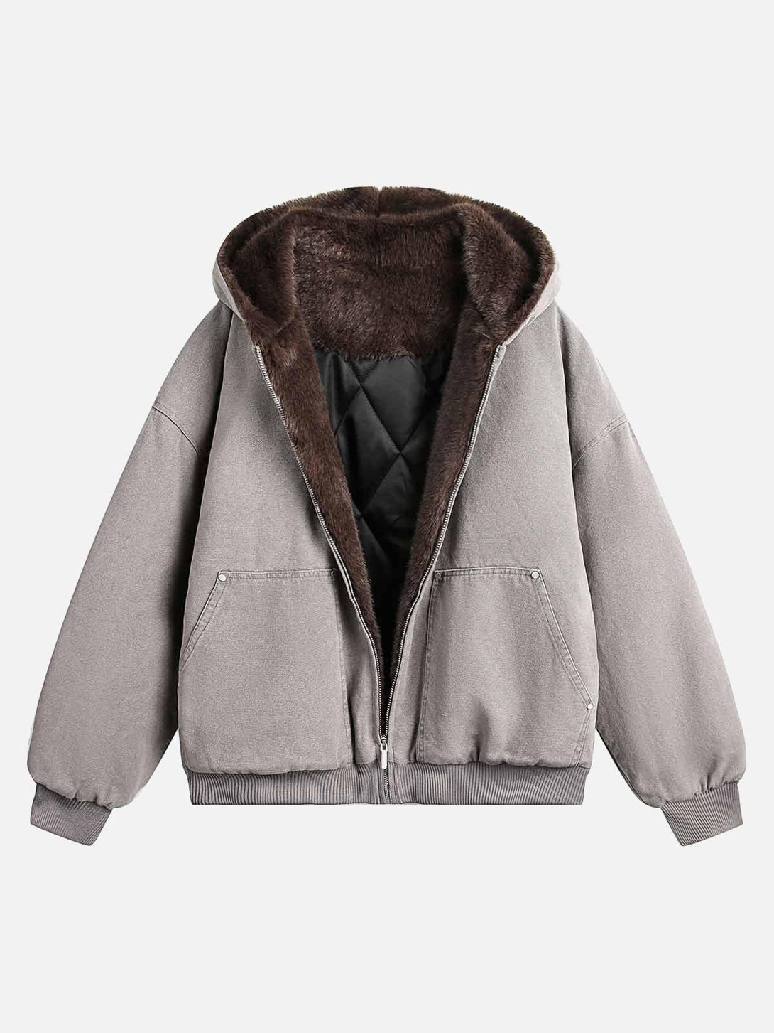 Light gray fur hooded zip-up quilted jacket by TALISHKO, front view showcasing cozy style.