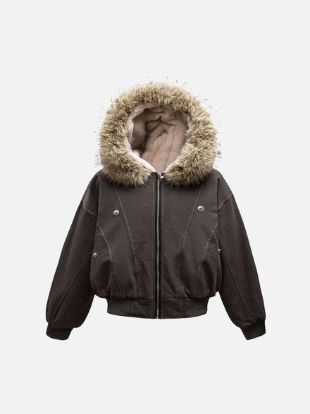 TALISHKO Fur Lined Zip Up Hooded Bomber Jacket