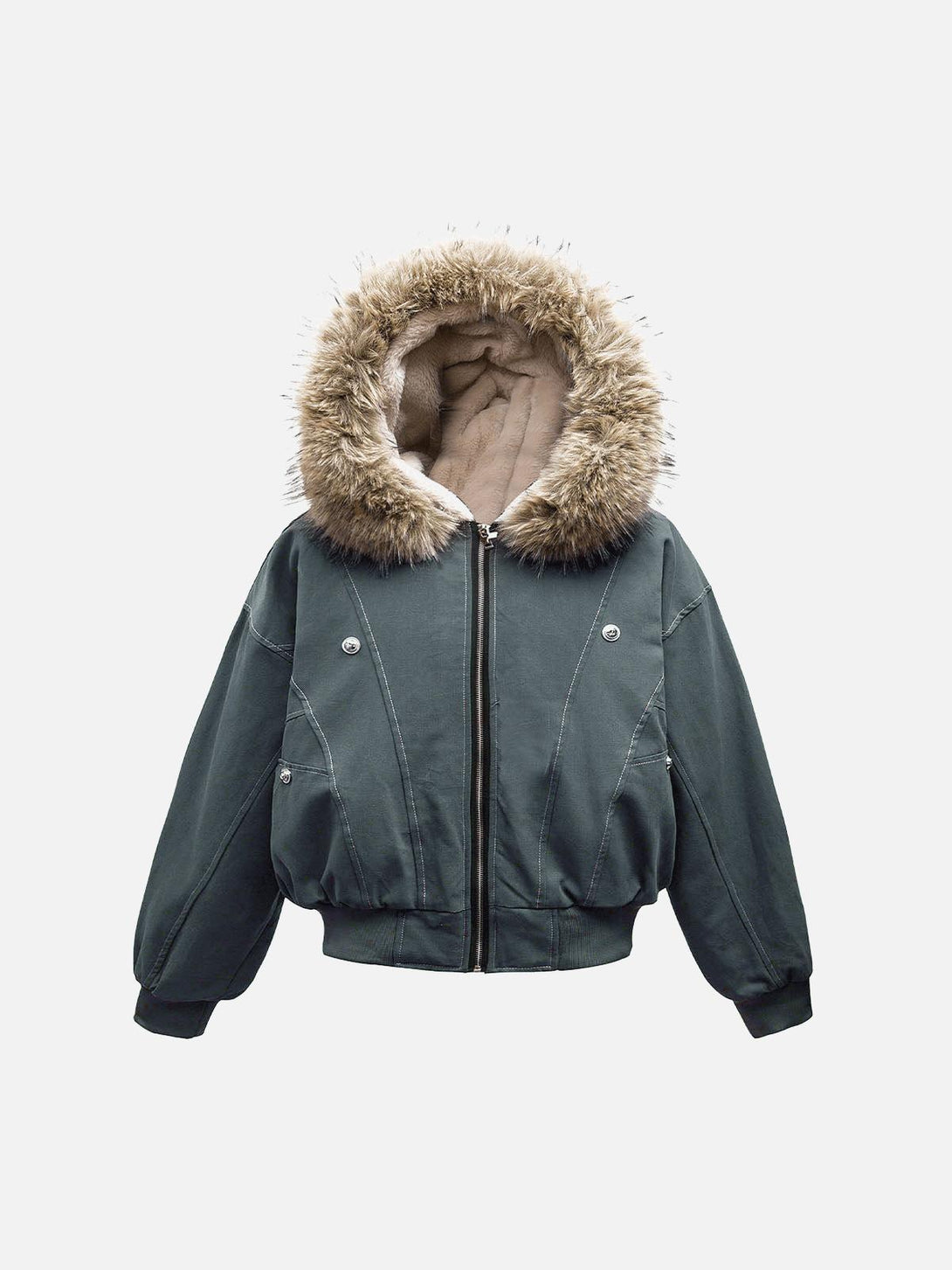 Stylish gray bomber jacket with fur-lined hood by TALISHKO, featuring front zip closure.