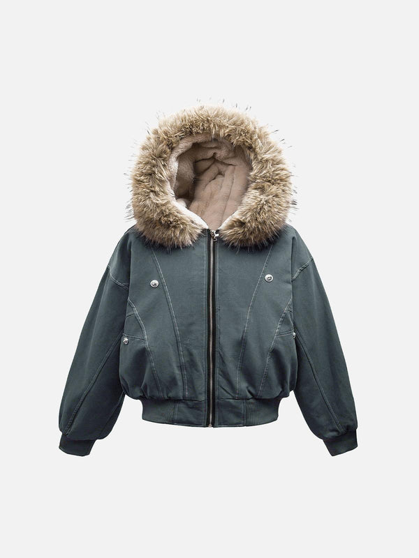 Stylish gray bomber jacket with fur-lined hood by TALISHKO, featuring front zip closure.