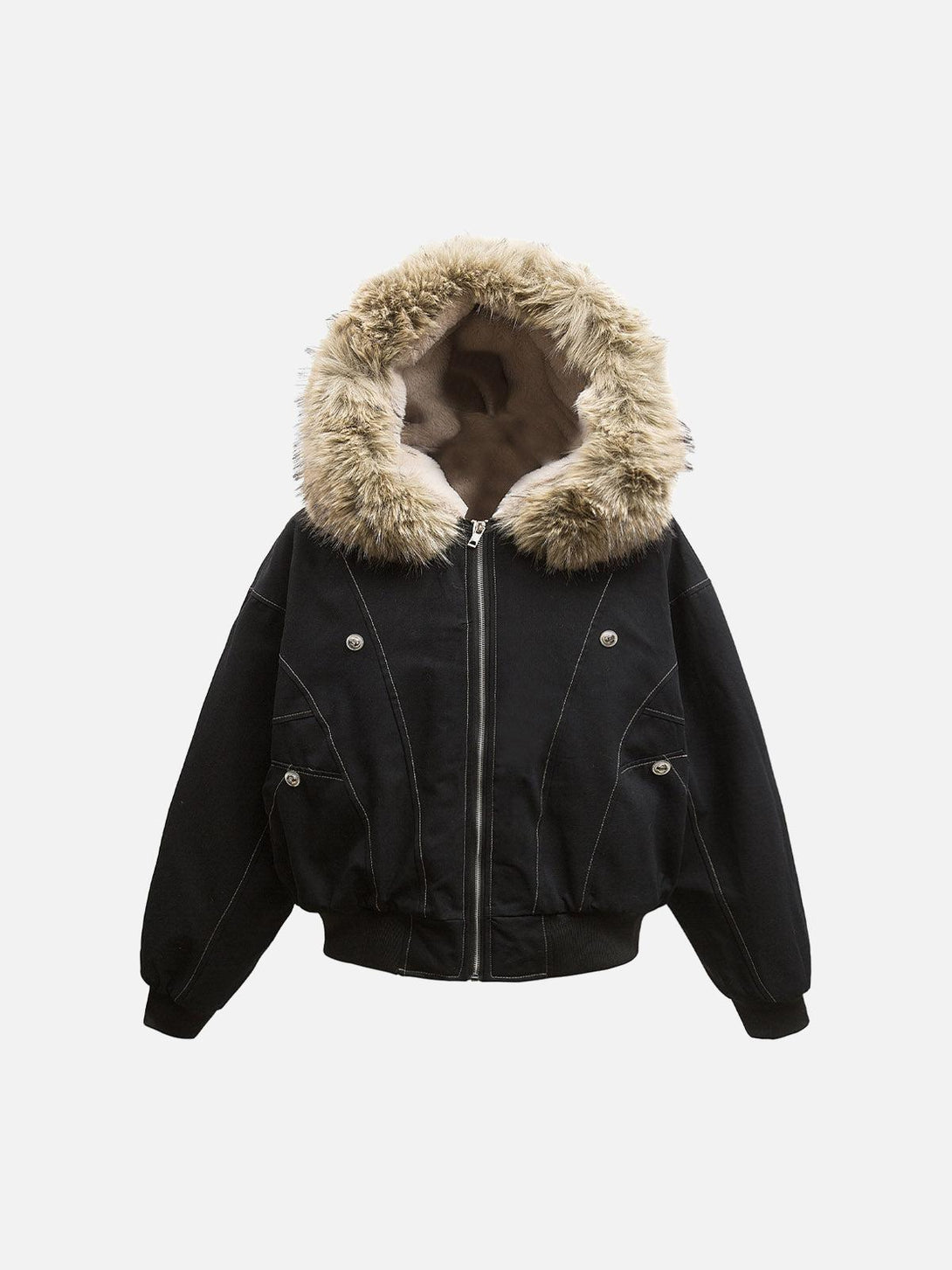 Front view of TALISHKO gray bomber jacket with fur-lined hood and zip closure, perfect for urban style.