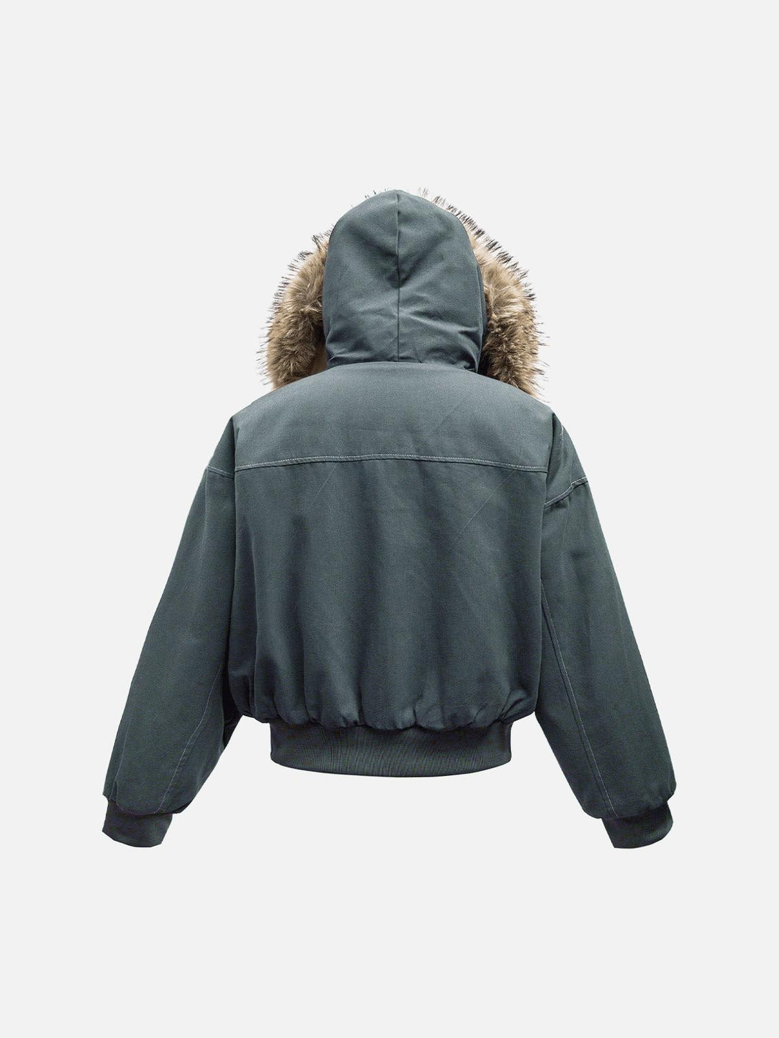 Back view of TALISHKO gray bomber jacket with fur-lined hood, highlighting urban style.