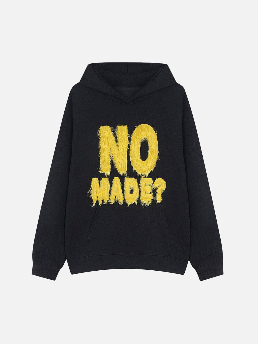 Front view of black hoodie with bold fur patchwork design by TALISHKO, featuring unique embroidery.