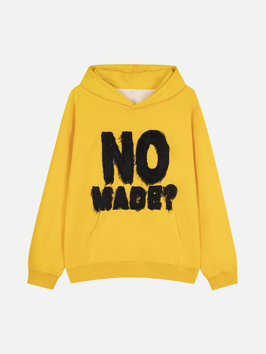Front view of yellow hoodie with bold fur patchwork design by TALISHKO, featuring unique embroidery.