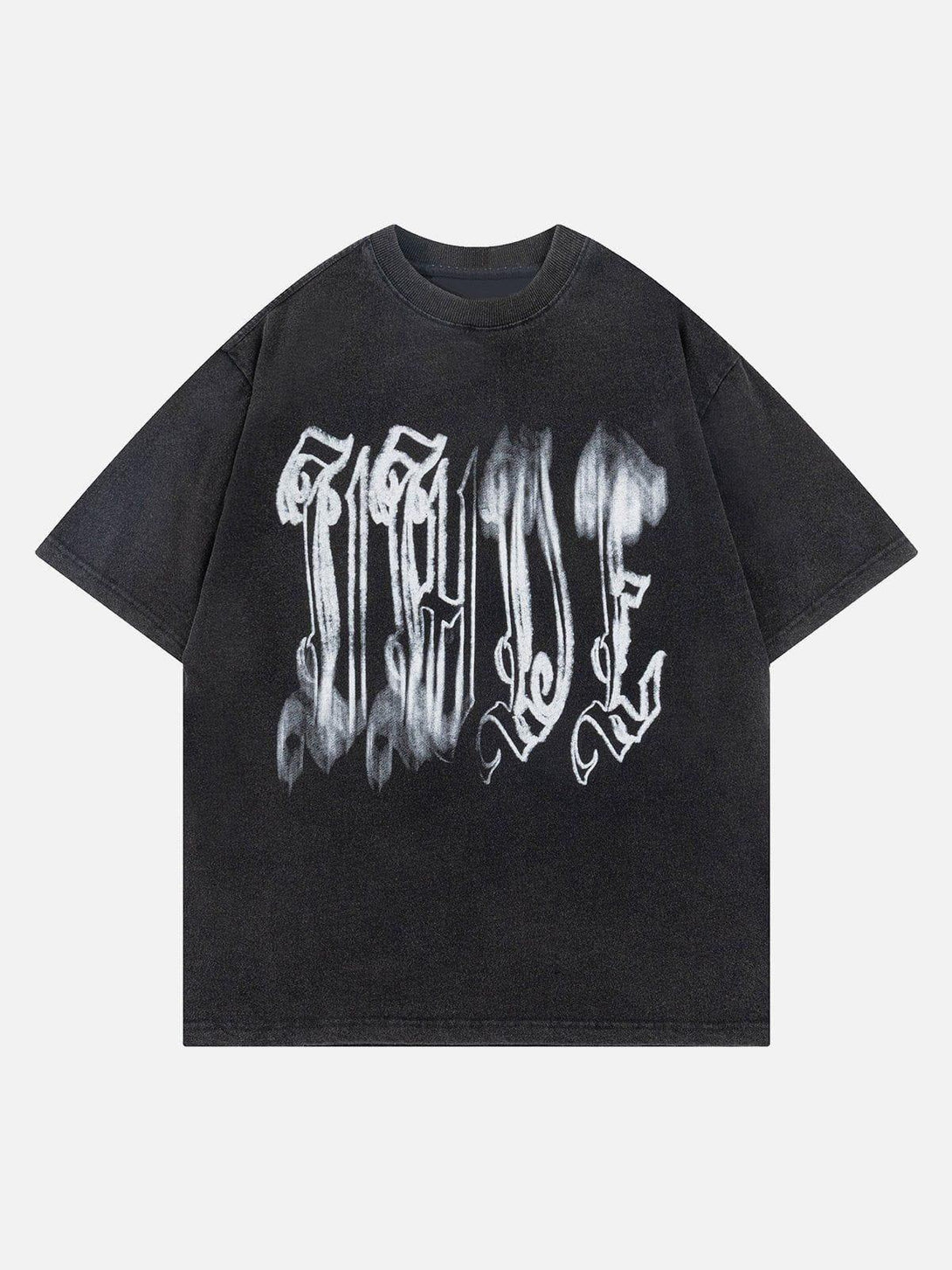 Front view of a black washed tee with fuzzy font print by TALISHKO, perfect for casual styling.