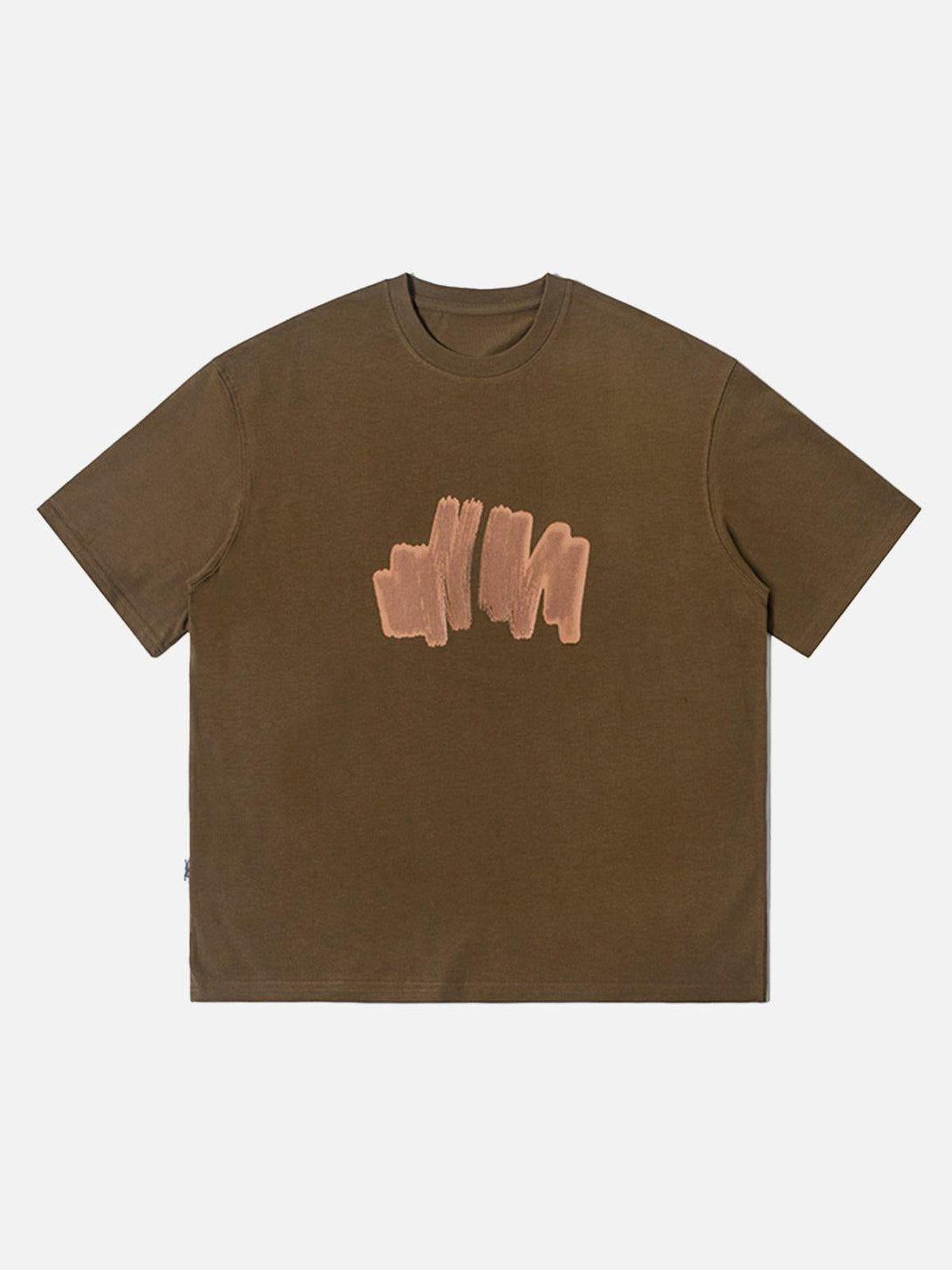 Front view of a coffee-hued graffiti print tee by TALISHKO, perfect for casual summer vibes.