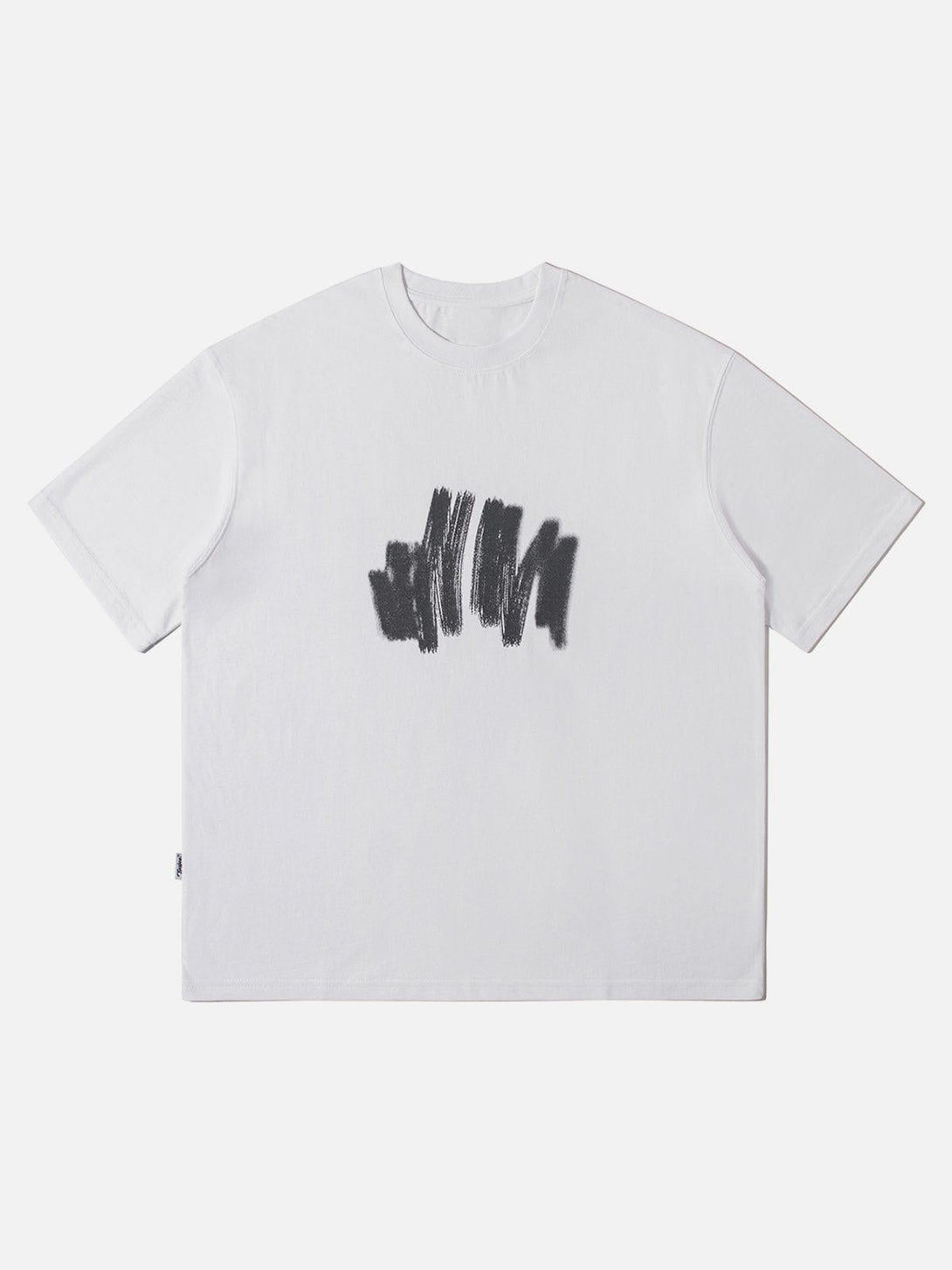 Front view of a white graffiti print tee by TALISHKO, adding a modern touch to summer style.