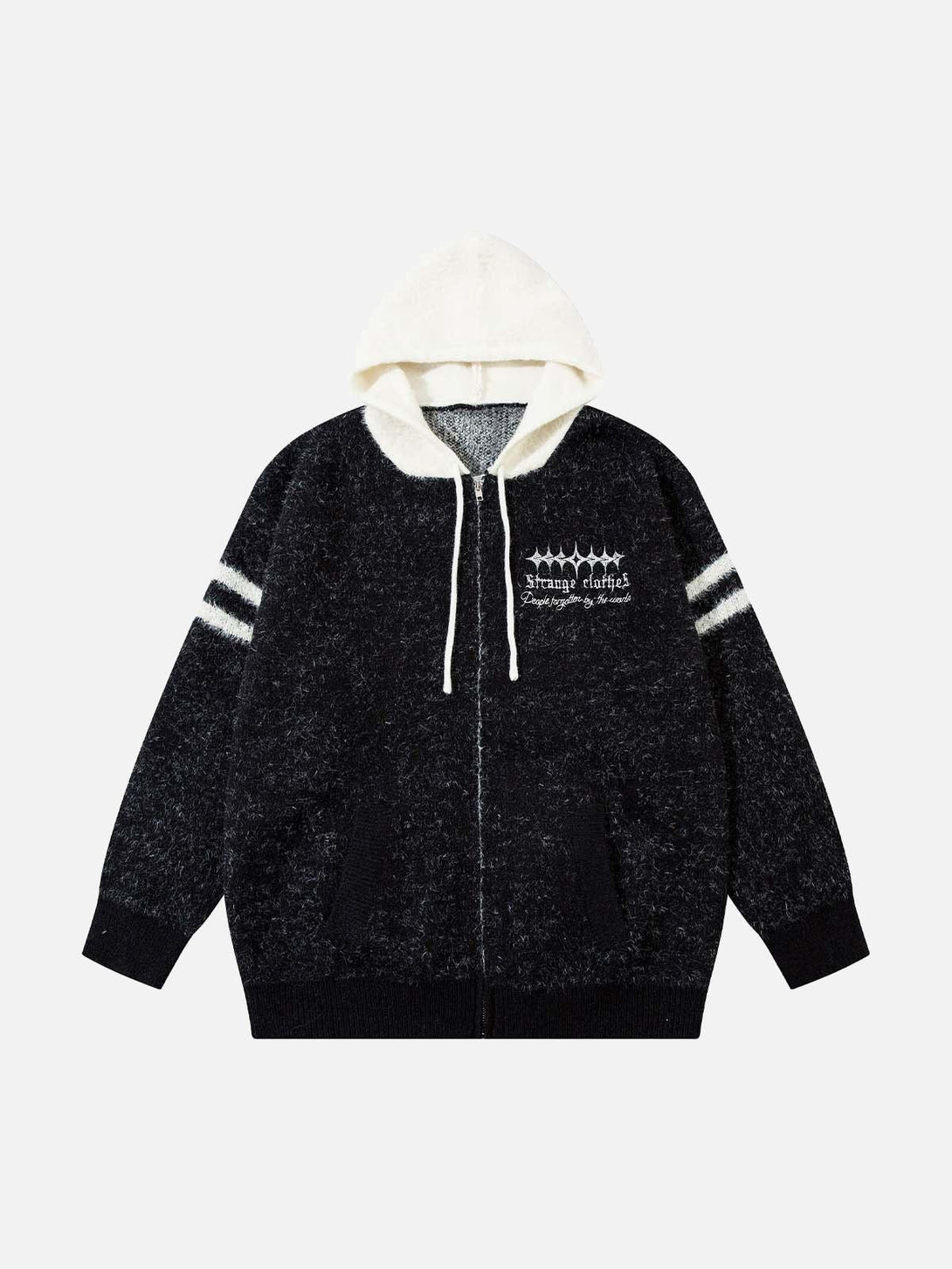 Cozy black hooded sweater by TALISHKO, featuring a fuzzy texture and front zipper design.