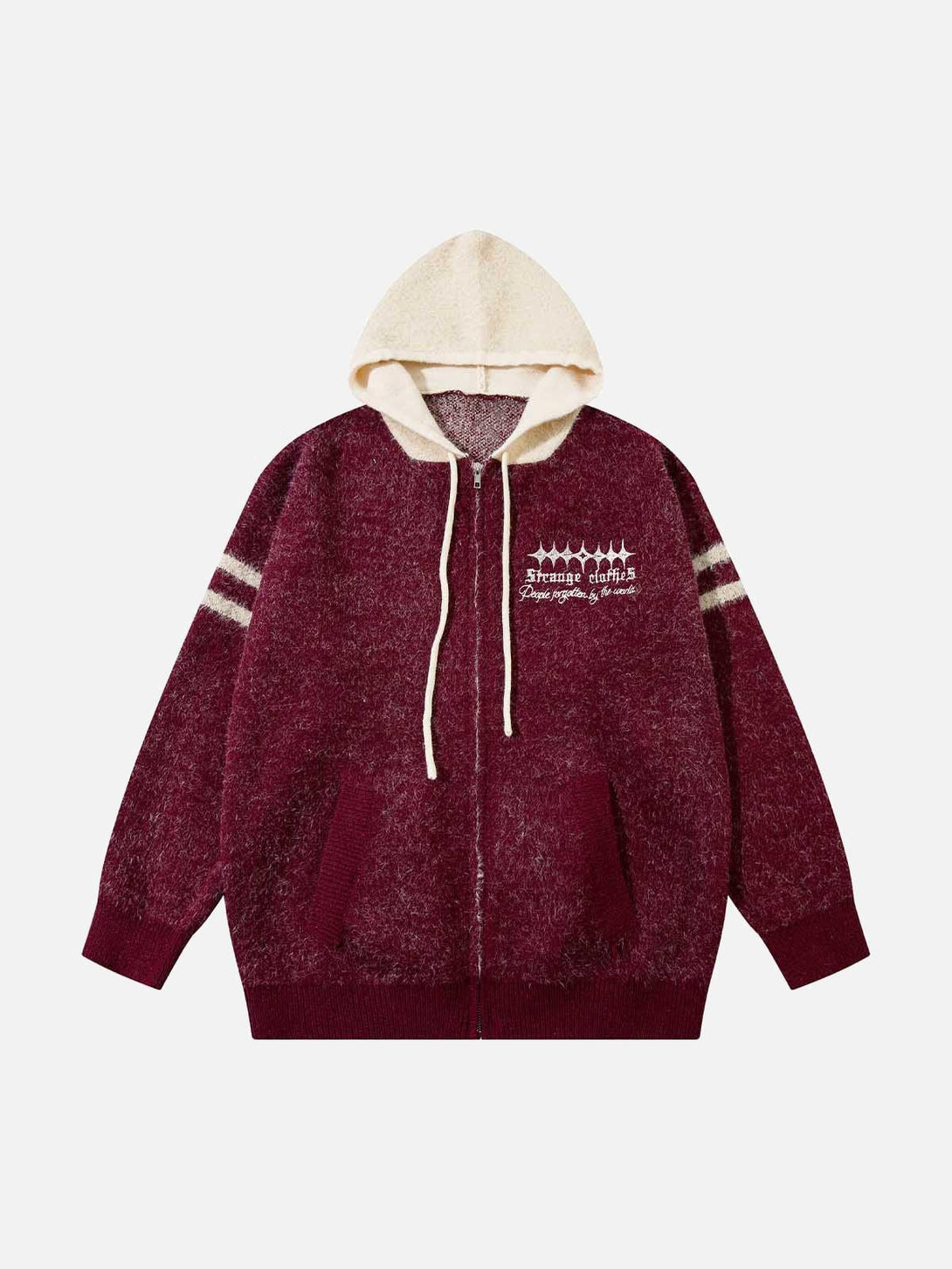 Front view of a red fuzzy zipper hooded sweater by TALISHKO, perfect for casual wear.