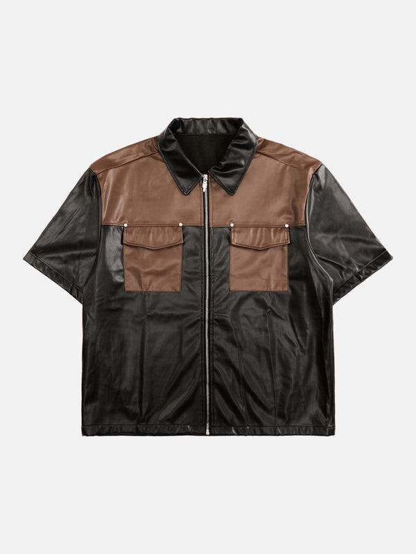 Front view of a black leather shirt by TALISHKO, featuring stylish patchwork and contrast details.