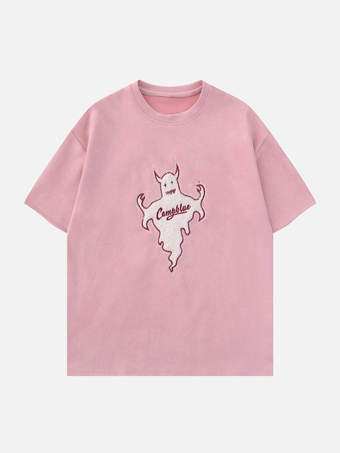 Front view of pink graphic tee by TALISHKO with a unique flocked genie design.