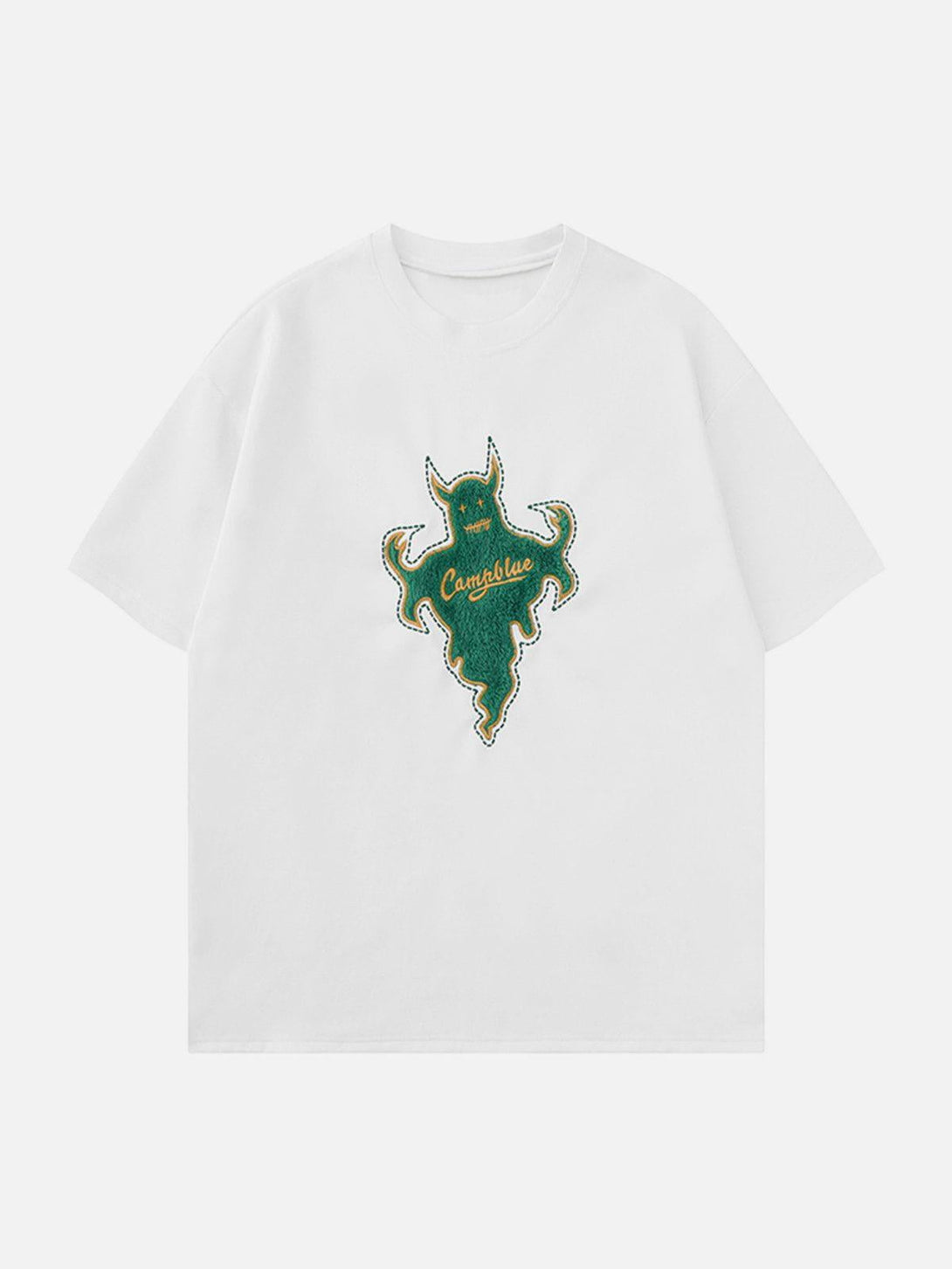 Front view of white graphic tee by TALISHKO featuring a green flocked genie design.