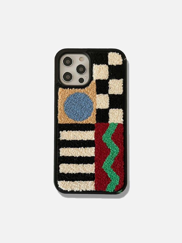 Front view of a TALISHKO geometric patchwork plush phone case in black with vibrant patterns.