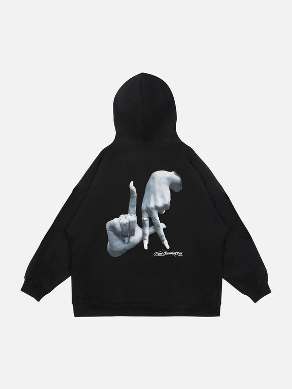 Back view of black Gesture Print Hoodie by TALISHKO, featuring bold hand graphic design.