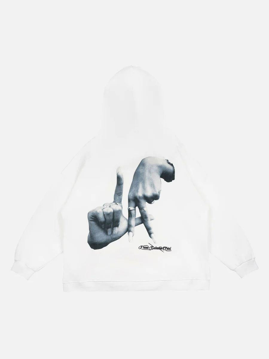 Back view of white TALISHKO Gesture Print Hoodie showcasing a bold hand graphic design.
