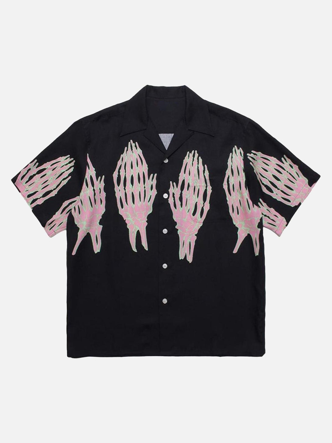 Front view of a black casual print shirt by TALISHKO featuring ghost hand designs.