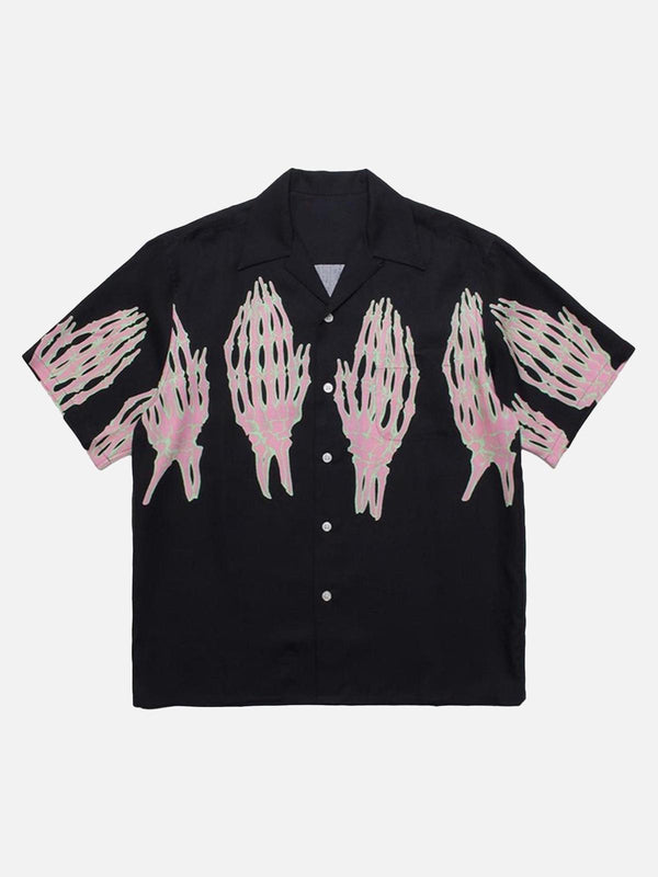 Front view of a black casual print shirt by TALISHKO featuring ghost hand designs.