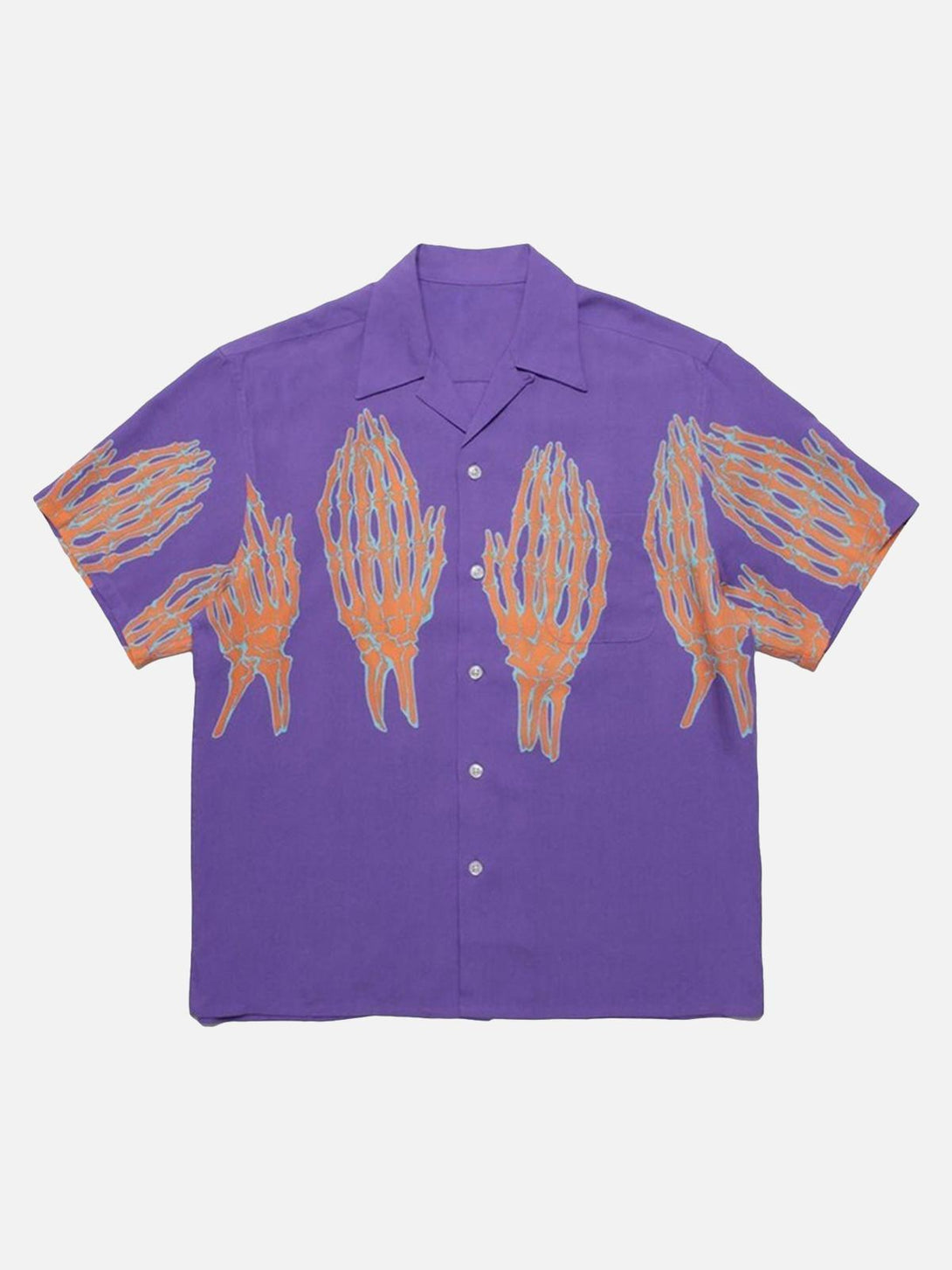 Front view of a purple casual print shirt by TALISHKO, featuring ghost hand designs.