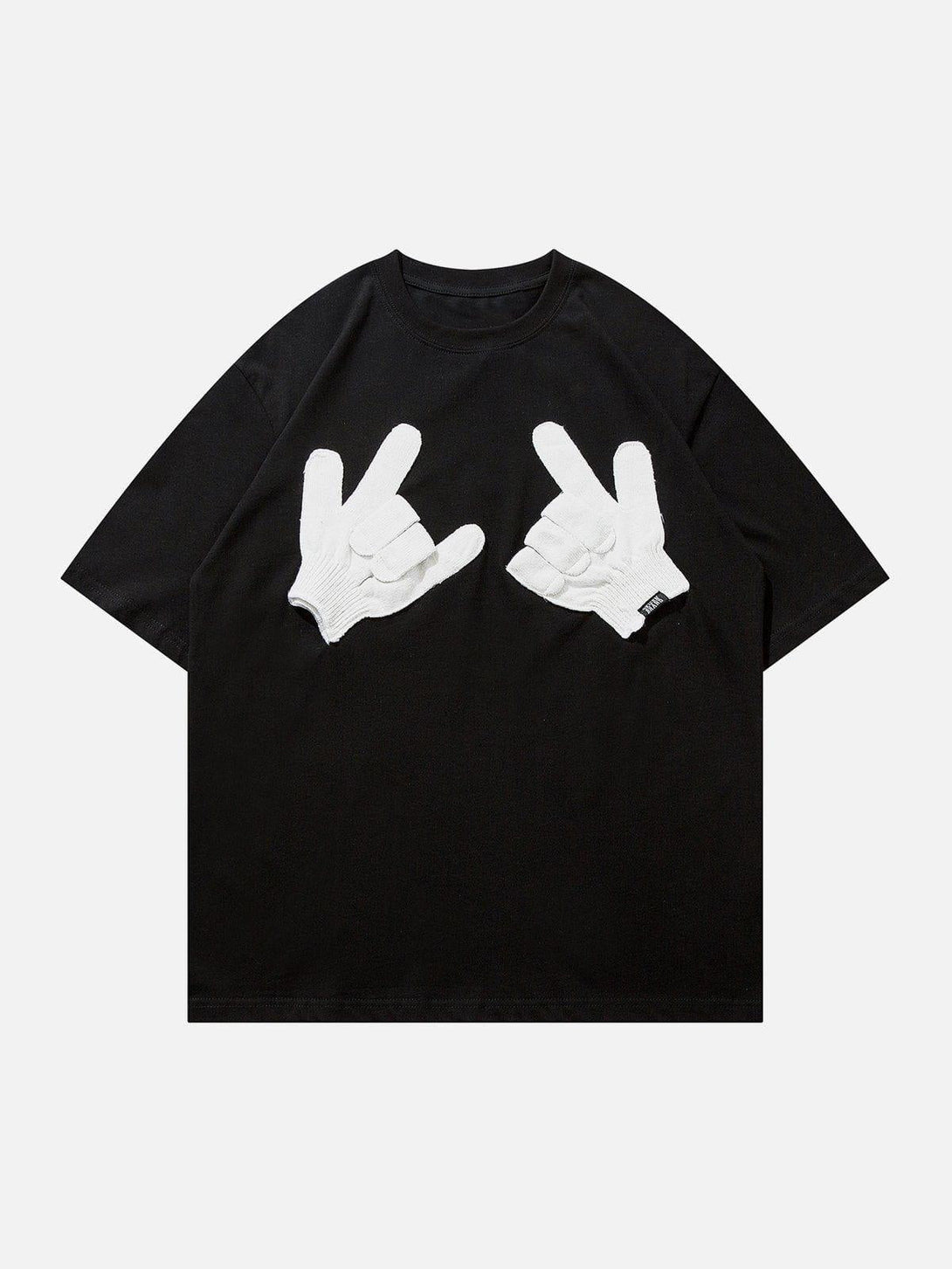 Front view of a black graphic tee featuring white glove gestures by TALISHKO, ideal for casual wear.