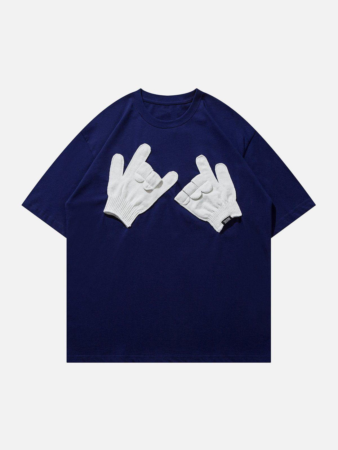 Front view of a blue graphic tee featuring white glove gestures by TALISHKO, perfect for playful style.