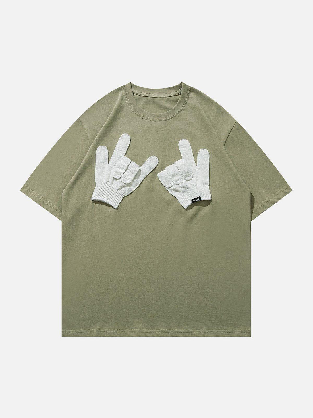 Front view of a green graphic tee with glove gestures, designed by TALISHKO for a playful style.