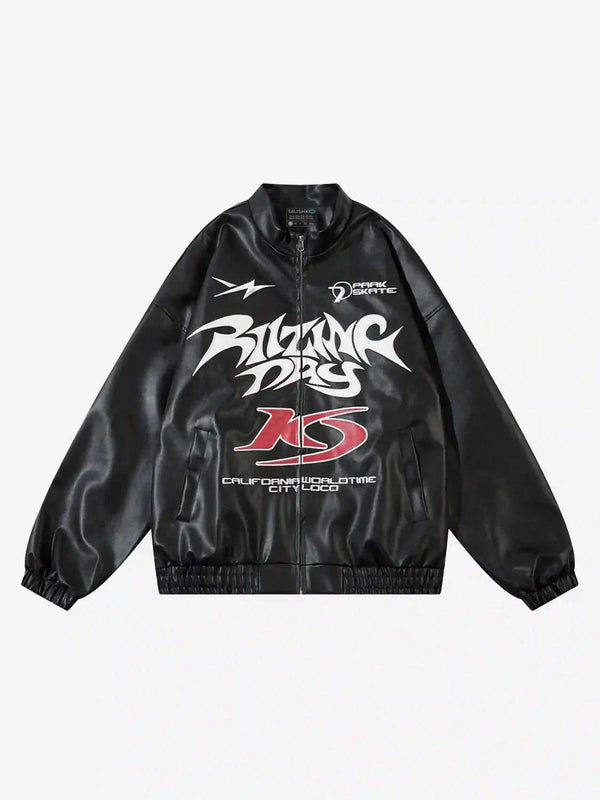 Front view of black racing collar jacket by TALISHKO featuring bold graphic design.