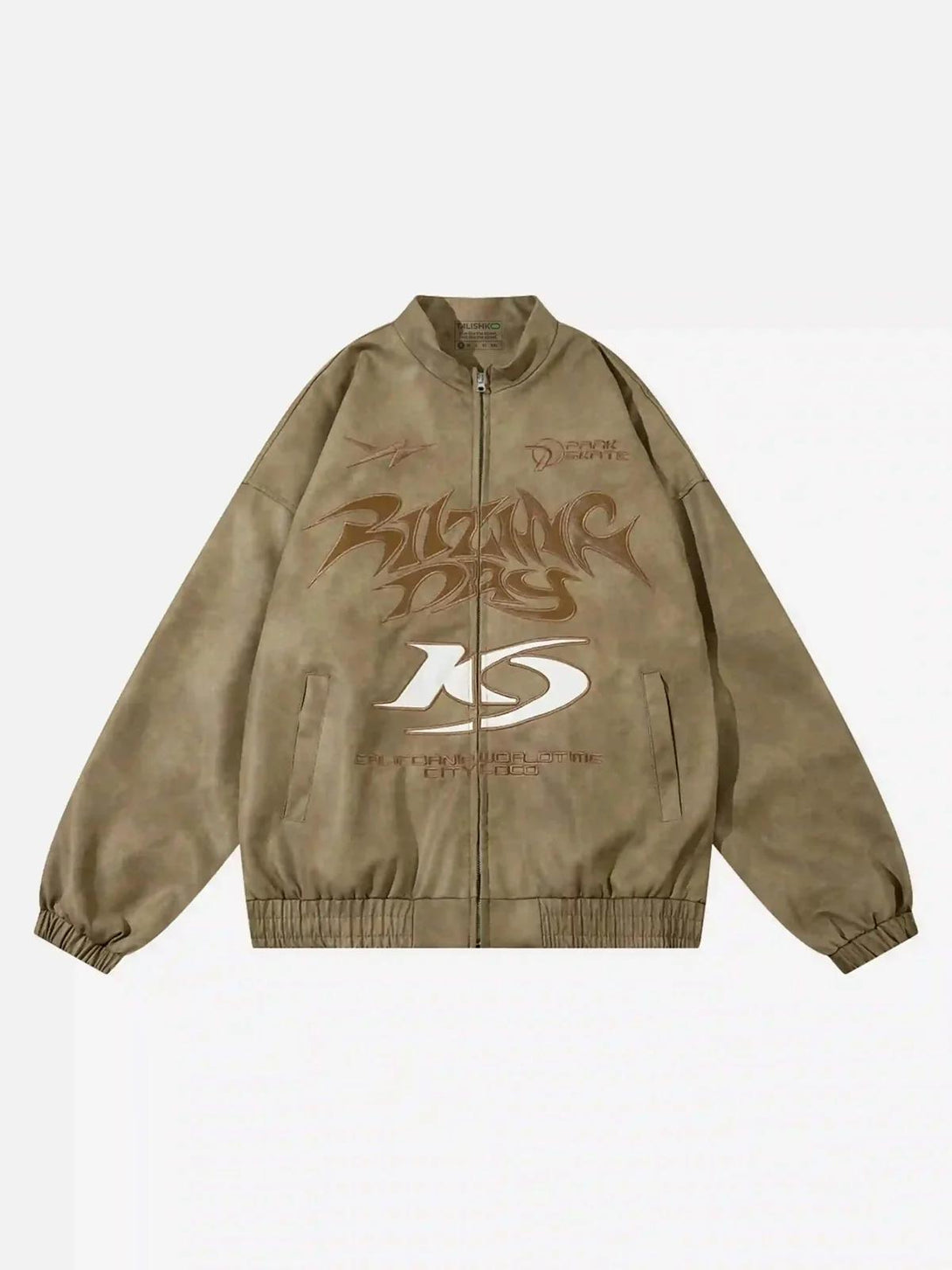 Khaki racing collar jacket by TALISHKO featuring bold graphics and a front view design.