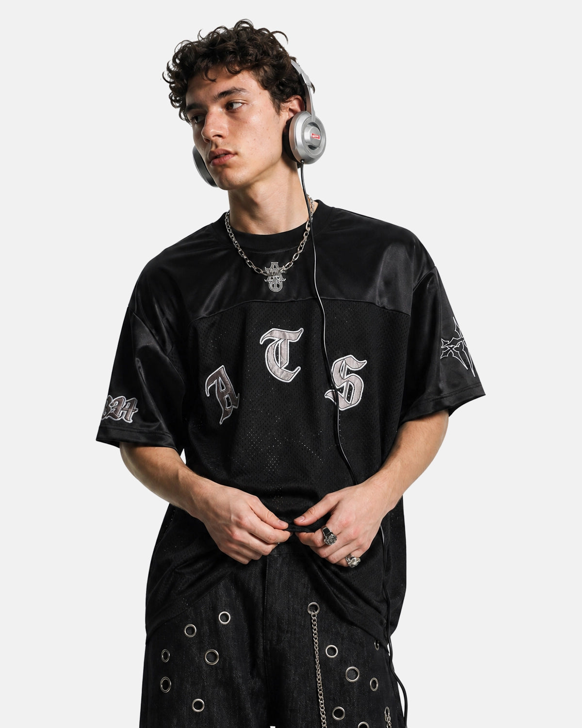Satin Shoulder Panel Gothic Mesh Jersey Tee | TALISHKO