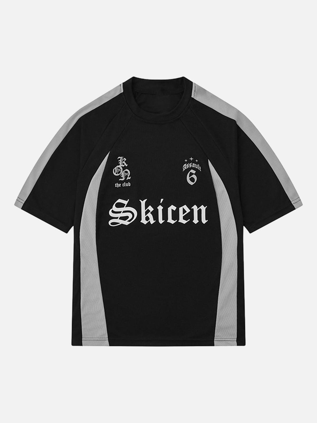 Front view of a black Gothic font jersey street rap t-shirt by TALISHKO, showcasing gray accents.