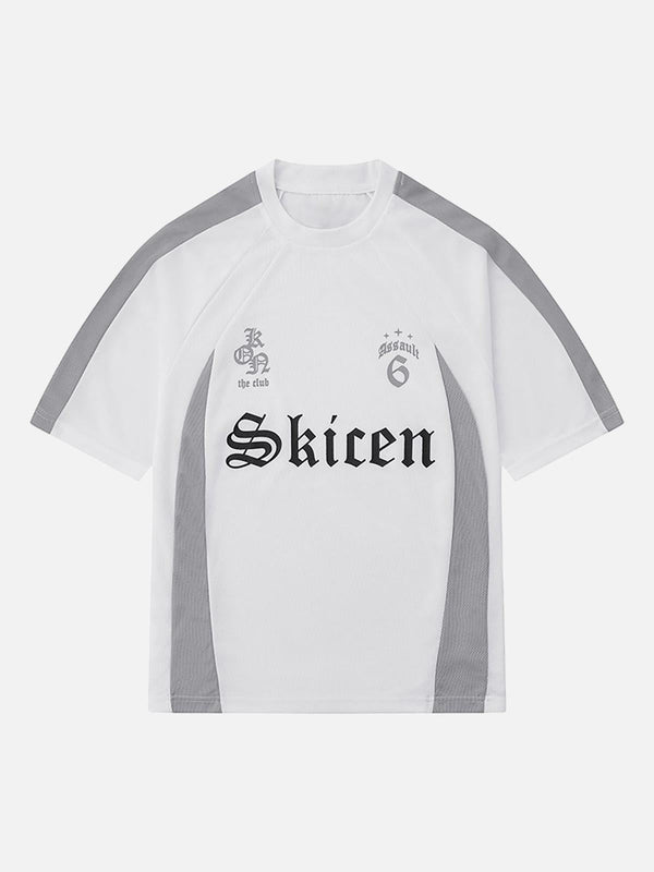 Front view of a white Gothic font jersey street rap t-shirt by TALISHKO, featuring gray accents.