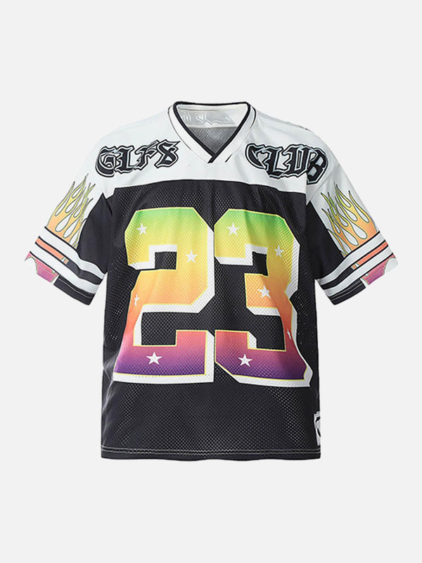 Front view of a Gothic-style jersey T-shirt by TALISHKO, featuring a colorful number 23 design.
