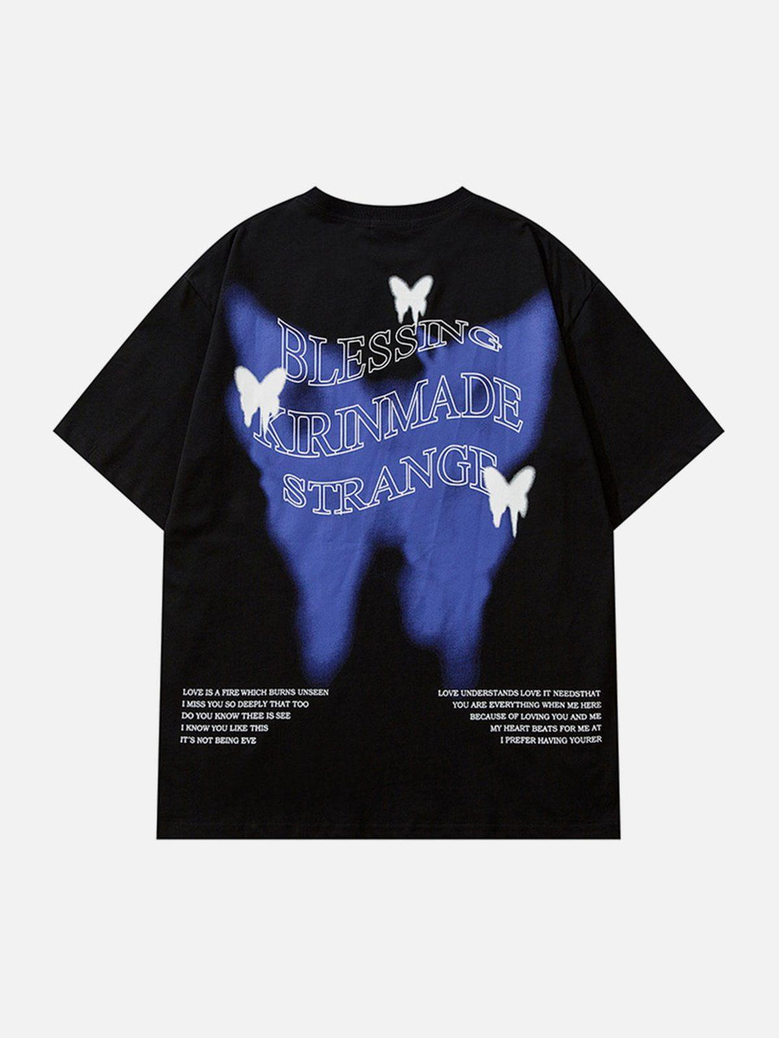 Back view of TALISHKO black tee with blue gradient butterfly design and text accents.