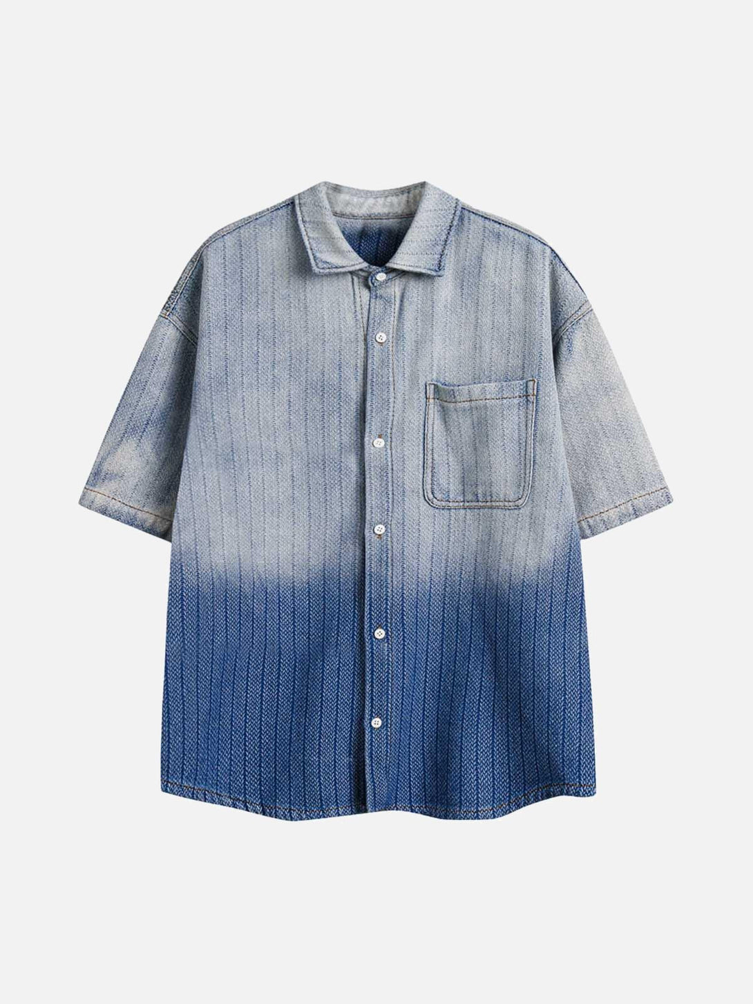 Front view of a blue gradient denim short-sleeve shirt by TALISHKO, perfect for casual style.