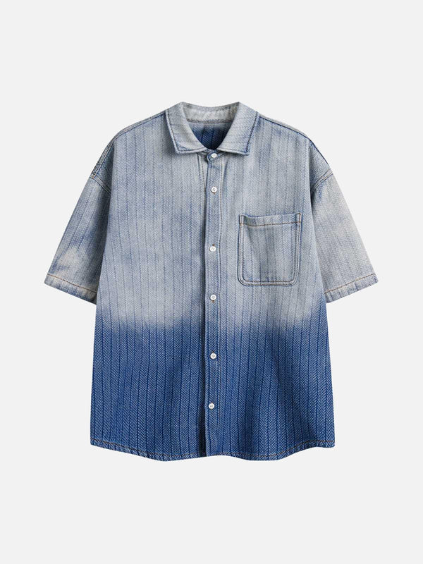 Front view of a blue gradient denim short-sleeve shirt by TALISHKO, perfect for casual style.