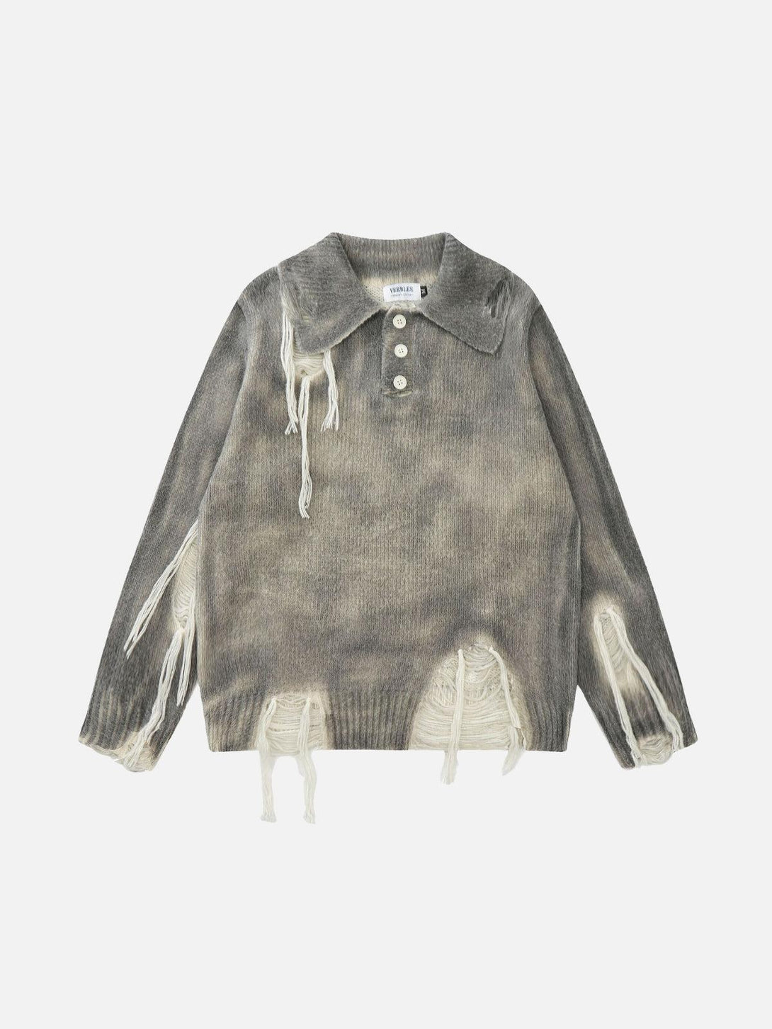 Front view of a gray gradient distressed polo sweater by TALISHKO, featuring a rugged, urban style.