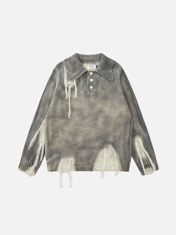 Front view of a gray gradient distressed polo sweater by TALISHKO, featuring a rugged, urban style.