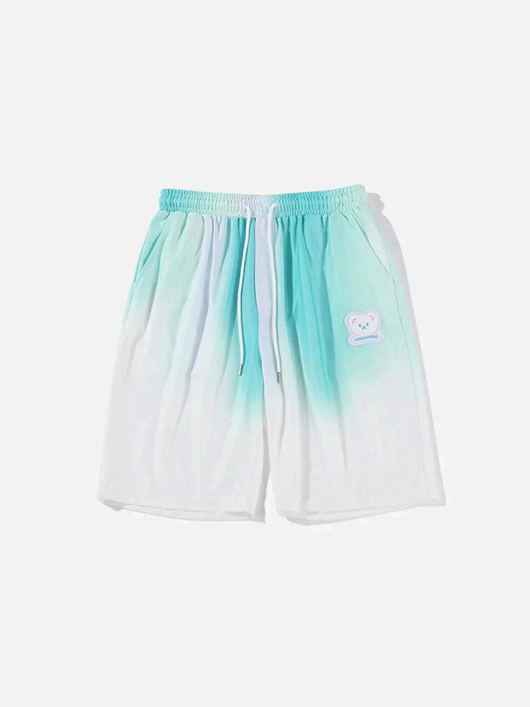 Front view of TALISHKO gradient drawstring shorts in refreshing green, designed for sunny days.