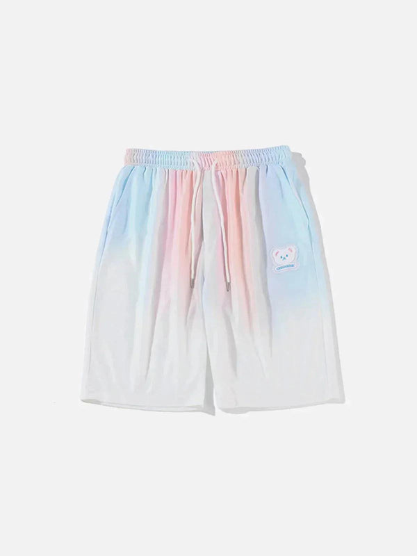 Front view of TALISHKO gradient drawstring shorts in soft pink and blue hues, perfect for summer.