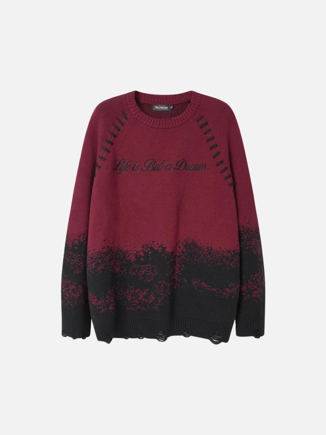 Front view of a red gradient dyed embroidered sweater by TALISHKO, ideal for urban style.