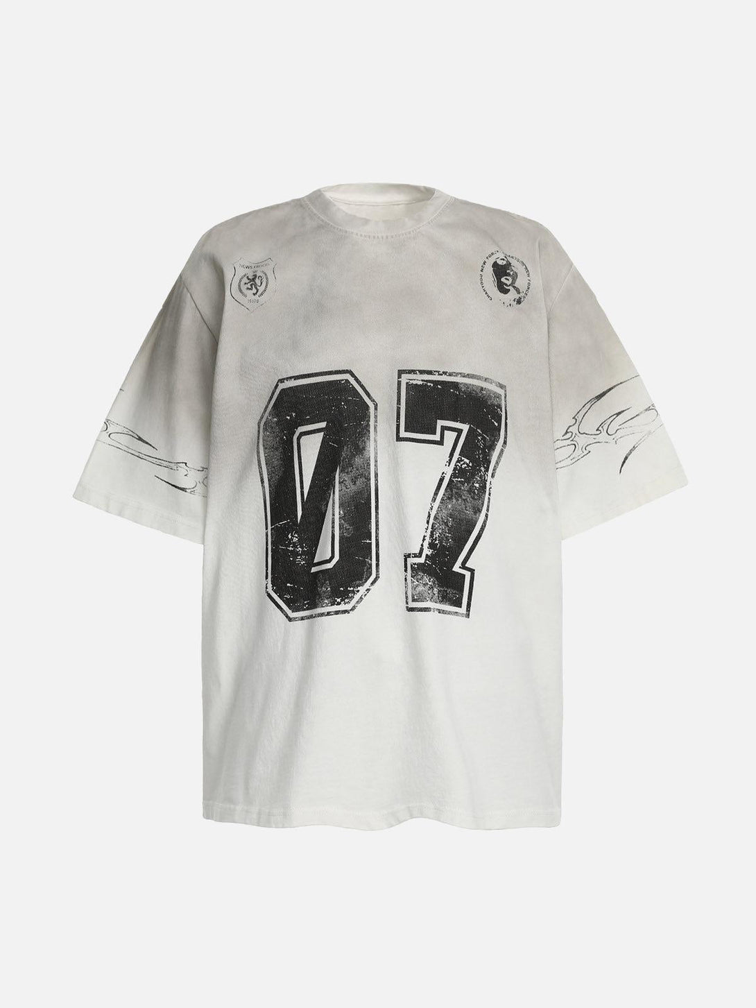 Front view of a white gradient graphic jersey t-shirt by TALISHKO featuring bold "07" design.