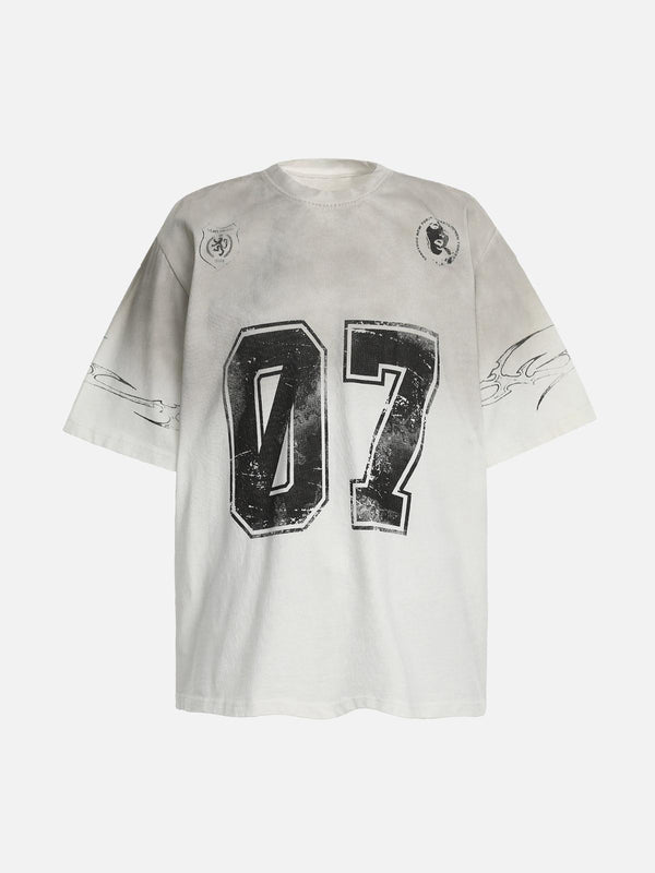Front view of a white gradient graphic jersey t-shirt by TALISHKO featuring bold "07" design.