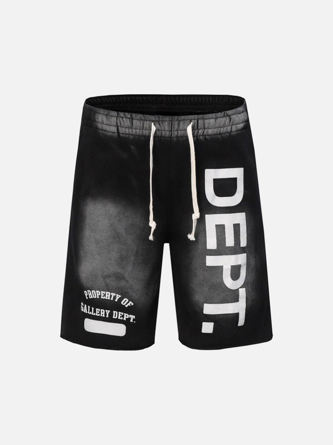 Black gradient letter print drawstring shorts by TALISHKO, front view capturing casual style.