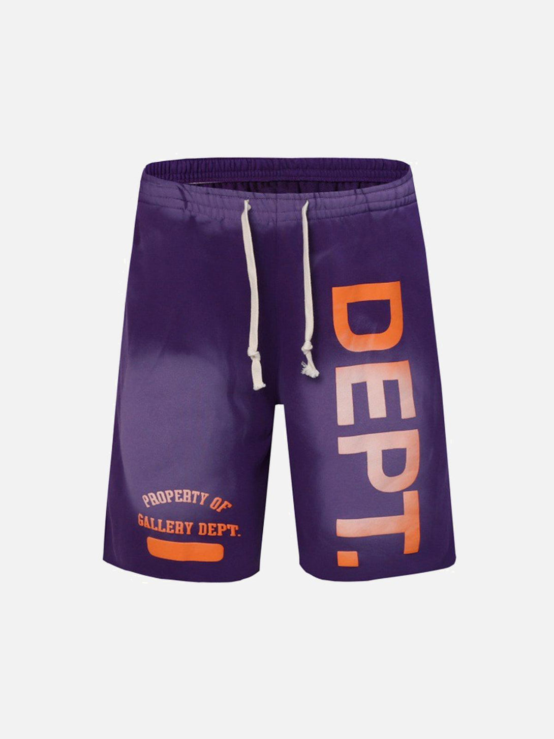 Front view of TALISHKO purple gradient letter print drawstring shorts, perfect for casual outings.