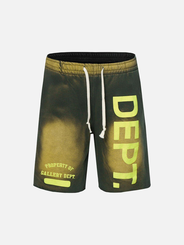 Front view of TALISHKO gradient letter print drawstring shorts in yellow, ideal for warm days.